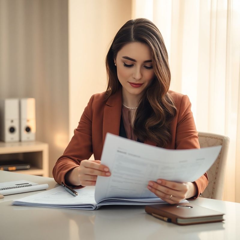 Consultantă fiscală analizând documente la un birou în tonuri de piatră și mentă