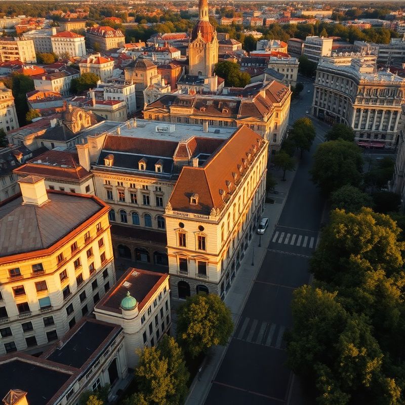 Vedere aeriană a zonei Aviatorilor din București, cu lumină aurie de după-amiază