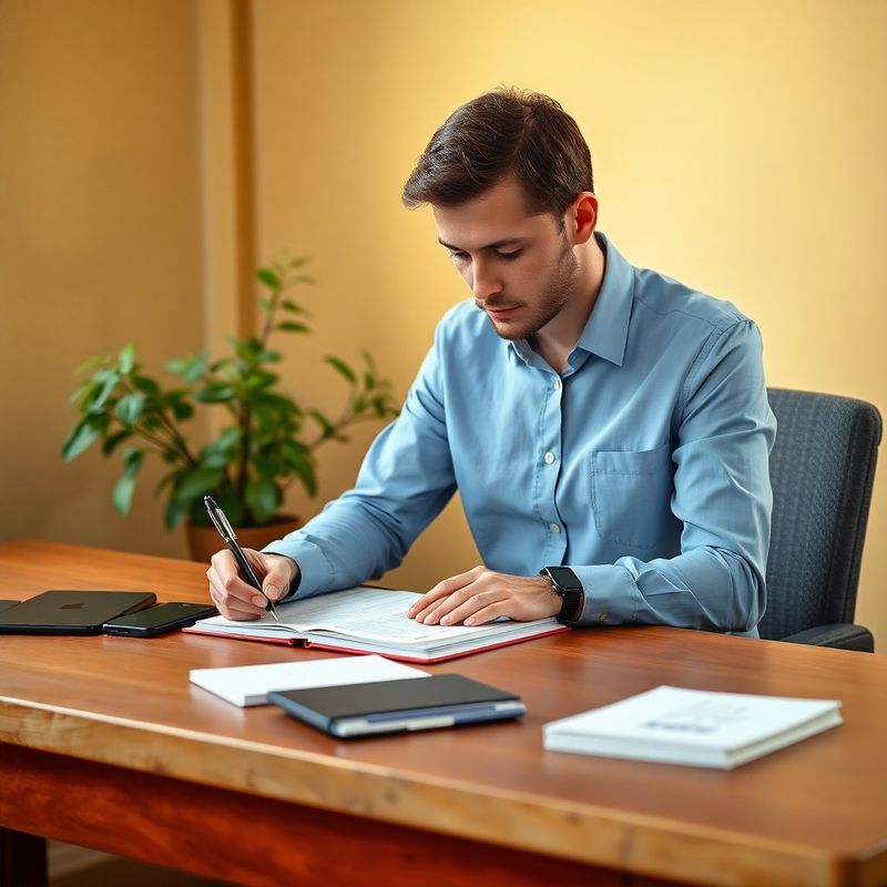 Consultant scriind note detaliate la un birou ordonat, cu o plantă verde-mentă în fundal